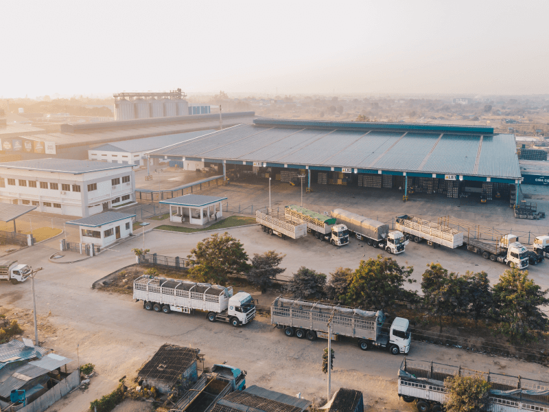 A building and trucks seen from above